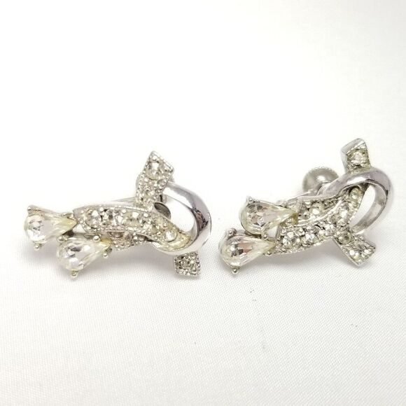 Vintage Rhinestone Clip On Earrings, Silver Tone Screw Back Retro Design - Picture 5 of 6